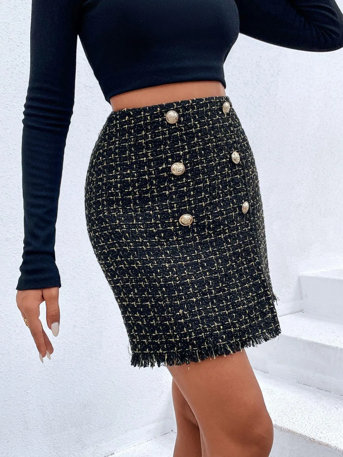 PLAID DOUBLE-BREASTED FRINGE HEM SKIRT