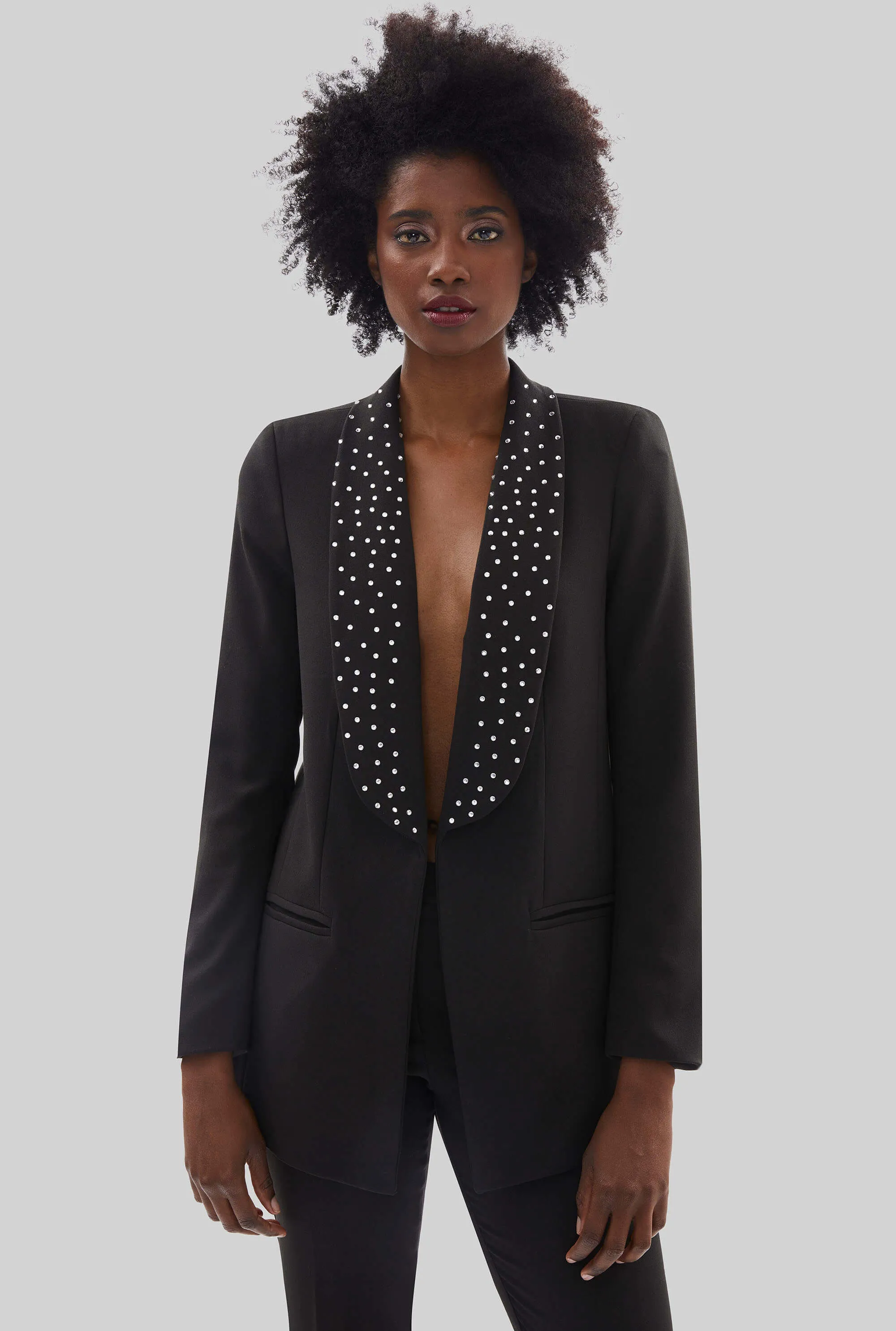 Rhinestone Shawl Lapel Jacket Black