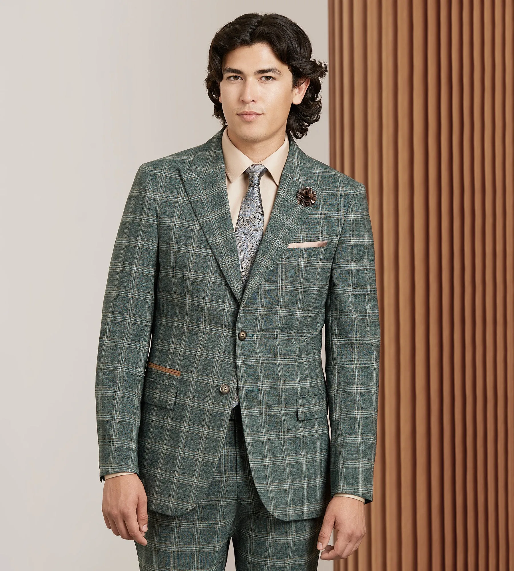 Slim Fit Green Plaid Suit Jacket