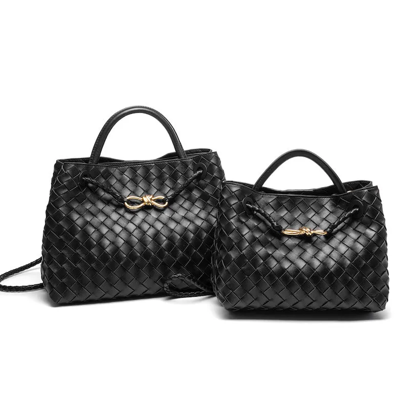 Small Lambskin Leather Knotted Intrecciato Shoulder Bag | Woven Handbag With Metal Buckle, Daily Fashion Designer Bag, Woven Shoulder Purse