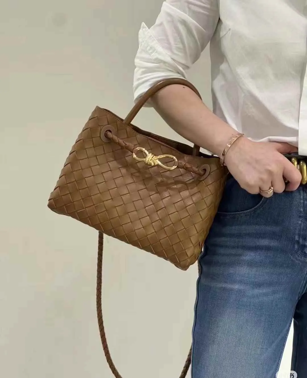 Small Lambskin Leather Knotted Intrecciato Shoulder Bag | Woven Handbag With Metal Buckle, Daily Fashion Designer Bag, Woven Shoulder Purse