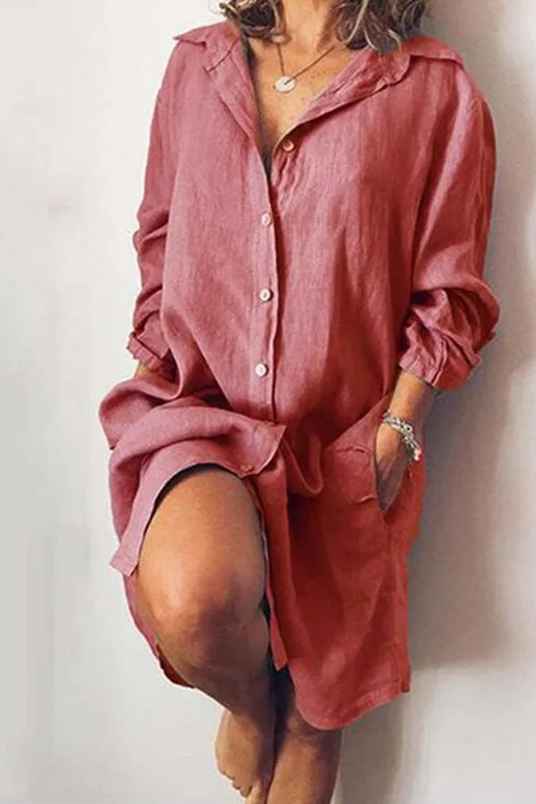 Solid Color Loose Double Pocket Long Sleeve Long Shirt