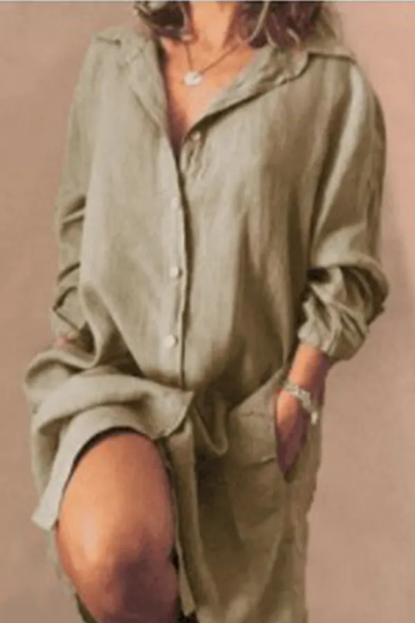 Solid Color Loose Double Pocket Long Sleeve Long Shirt