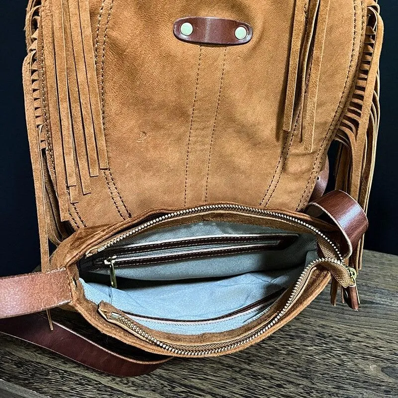 Suede Leather Fringe Bag Tan, Cowhide Leather Fringe Shoulder Purse, Lambskin Fringed Handbag, Crossbody Leather Bag, Handmade Bohemian