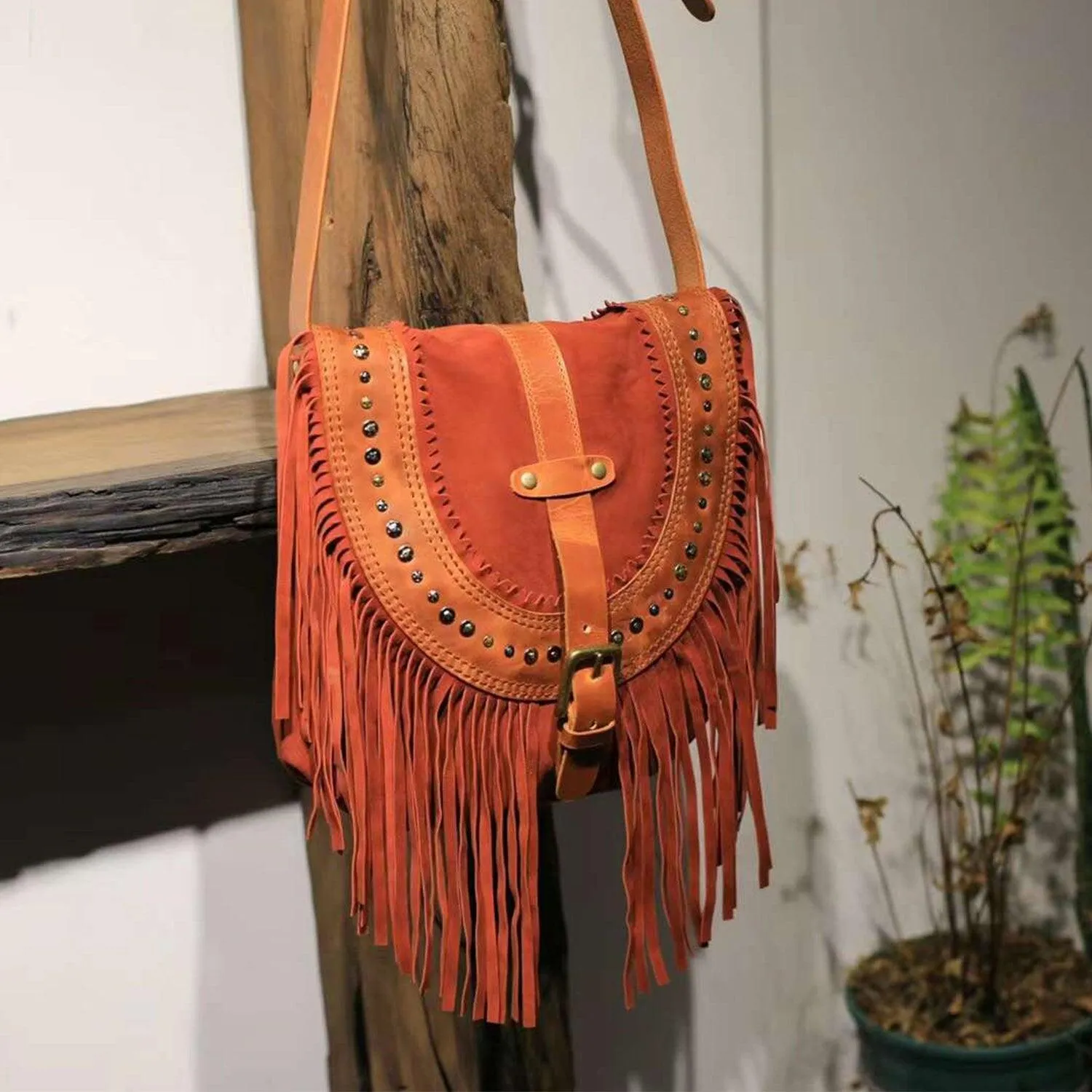 Suede Leather Fringe Bag Tan, Cowhide Leather Fringe Shoulder Purse, Lambskin Fringed Handbag, Crossbody Leather Bag, Handmade Bohemian