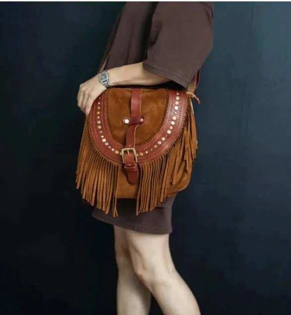 Suede Leather Fringe Bag Tan, Cowhide Leather Fringe Shoulder Purse, Lambskin Fringed Handbag, Crossbody Leather Bag, Handmade Bohemian