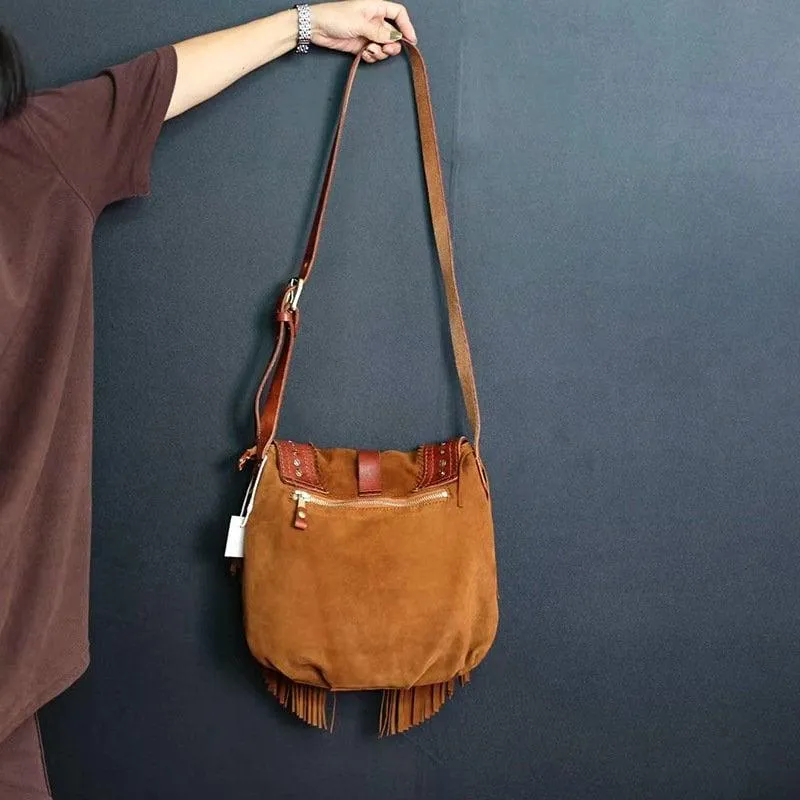 Suede Leather Fringe Bag Tan, Cowhide Leather Fringe Shoulder Purse, Lambskin Fringed Handbag, Crossbody Leather Bag, Handmade Bohemian