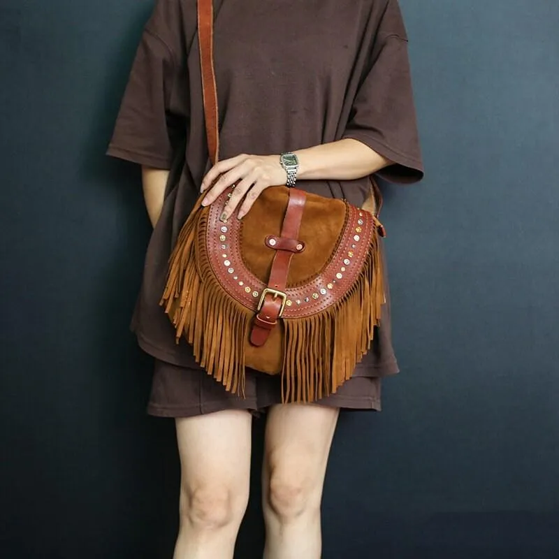 Suede Leather Fringe Bag Tan, Cowhide Leather Fringe Shoulder Purse, Lambskin Fringed Handbag, Crossbody Leather Bag, Handmade Bohemian