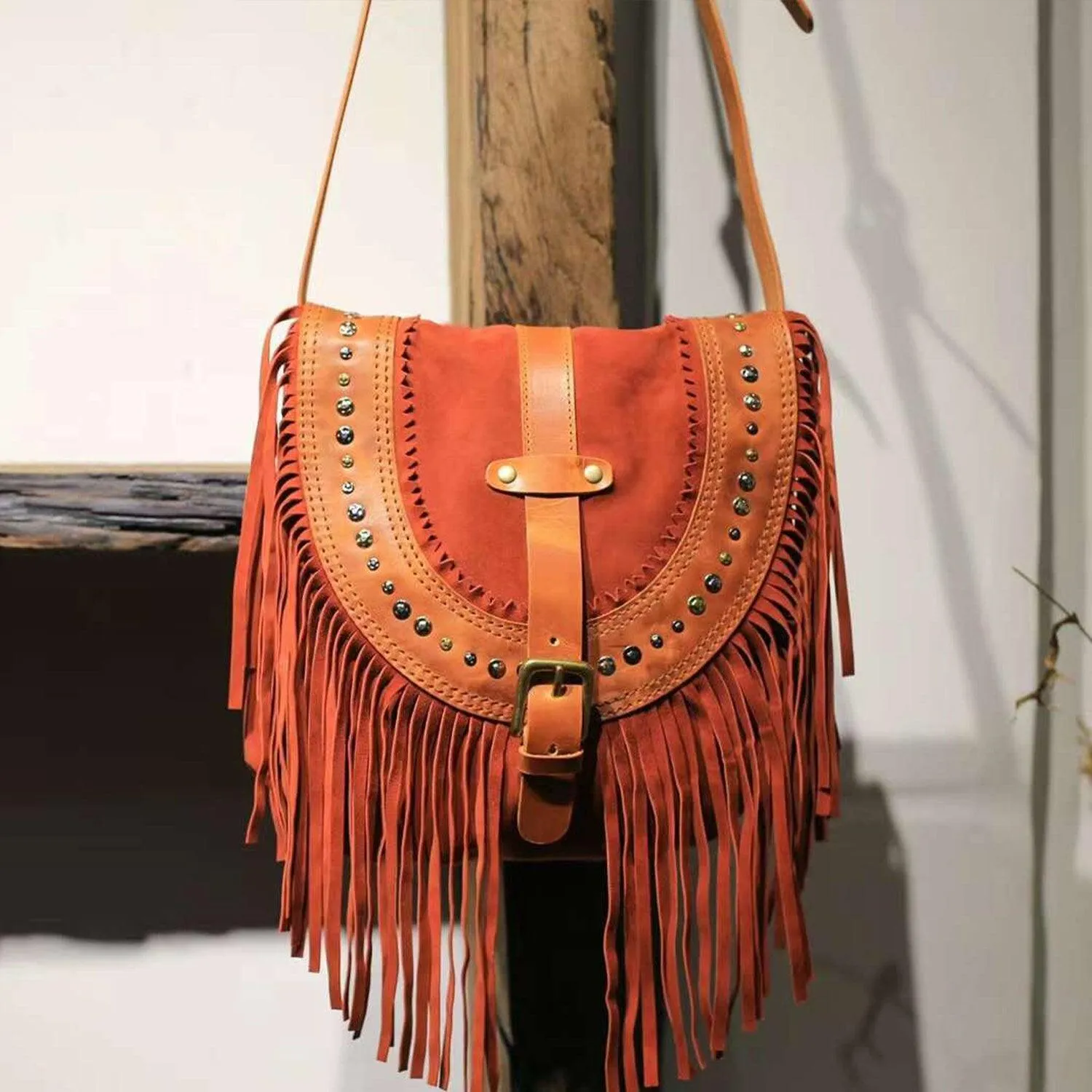 Suede Leather Fringe Bag Tan, Cowhide Leather Fringe Shoulder Purse, Lambskin Fringed Handbag, Crossbody Leather Bag, Handmade Bohemian