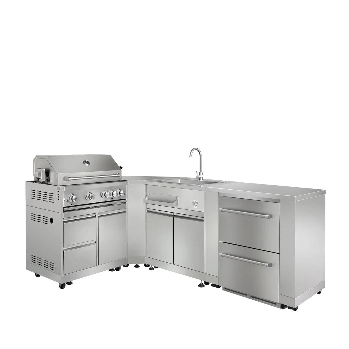 TMG Living Kitchen Pro Series 7-Piece Stainless Steel Modular Outdoor Kitchen Suite Set, 35” Refrigerator Cabinet, 32” BBQ, 4-Burner Gas Grill, Sink, Side Burner, Corner Cabinet, Pizza Oven, TMG-LKS10