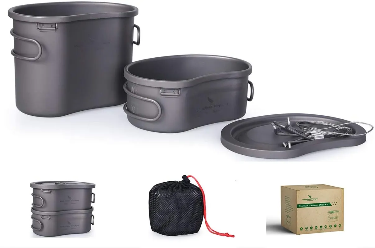 Usharedo Titanium Camping Pots Set with Hanging Ring Ultralight Portable Bowl Picnic Cookware Titanium Canteen Mess Kit for Outdoor Hiking Backpacking Mountaineering Ti15123B