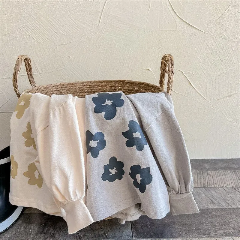 Vintage Floral Kids' Long Sleeve Shirt in Beige & Grey